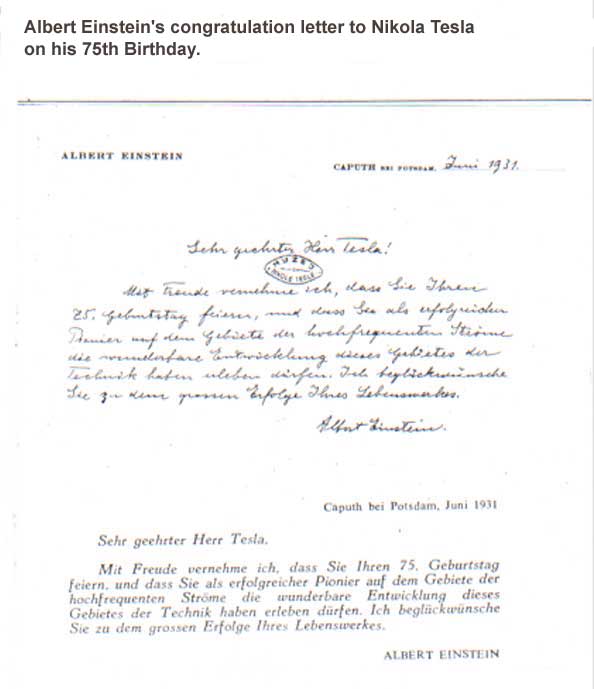 Albert Einstein's congratulation letter to Nikola Tesla on his 75th birthday