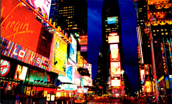 new york city time square at night. Above: New York City.