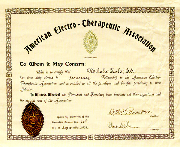 Above: Honorary membership certificate from the American Electro-Therapeutic 