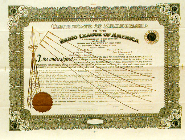 Above: Honorary membership certificate from the Radio League of America.