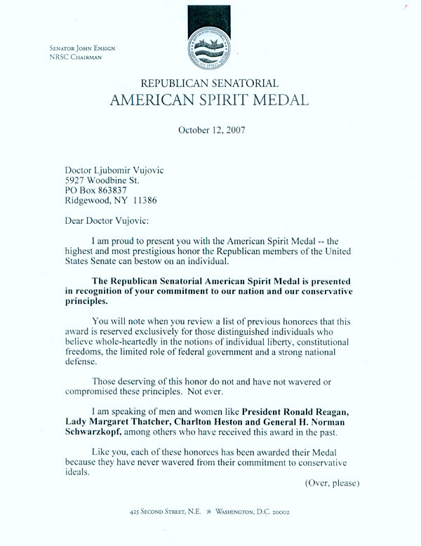 Letter from Senator John Ensign