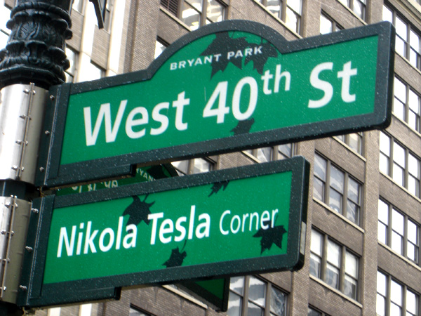 New Nikola Tesla Street Corner Sign on West 40th Street and 6th Avenue,  Manhattan, New York